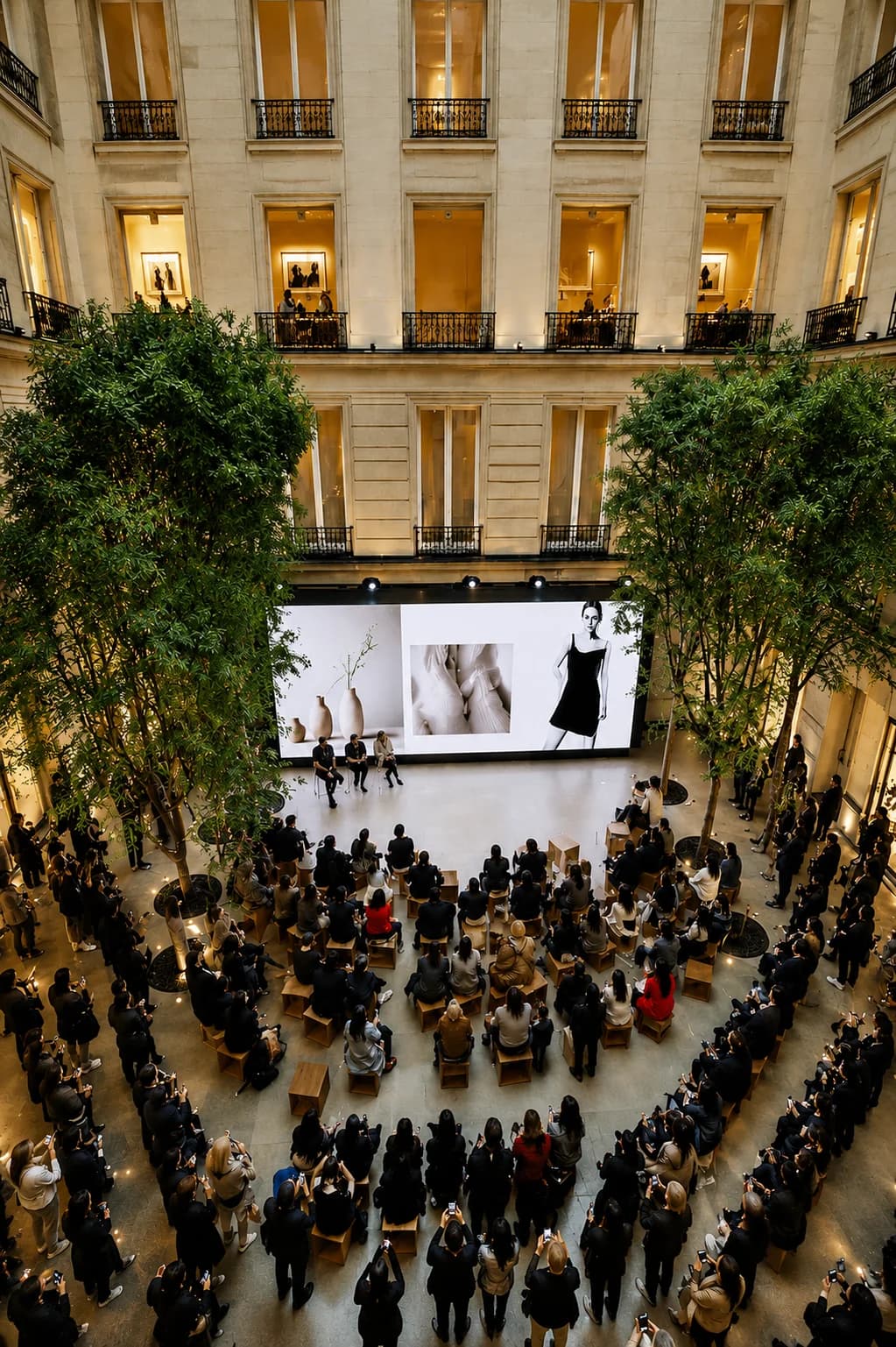 Guests gathered in a grand atrium courtyard watching a brand presentation on a large screen.